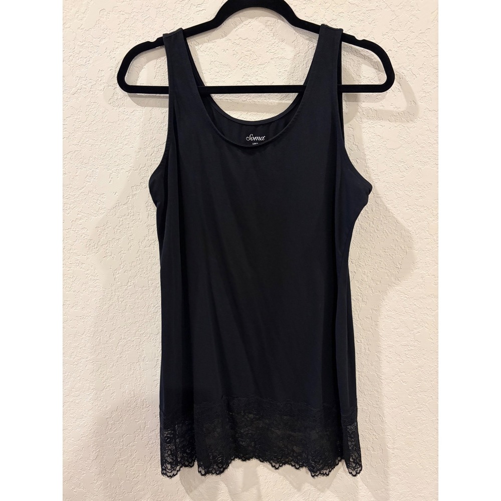 Soma Black Lace Trim Tank Top Scoop Neck Cotton Blend Sleeveless Large